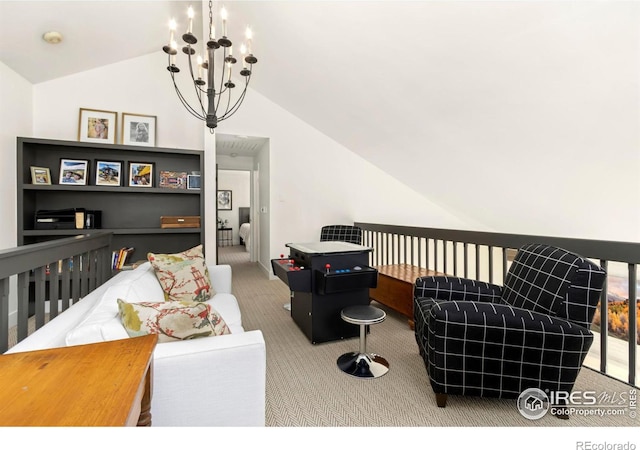 interior space featuring lofted ceiling, carpet flooring, and a chandelier