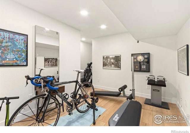 exercise area featuring hardwood / wood-style flooring