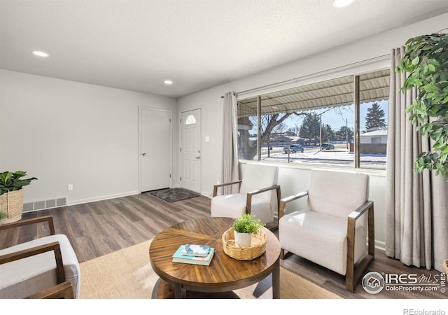 living room featuring hardwood / wood-style flooring and a textured ceiling