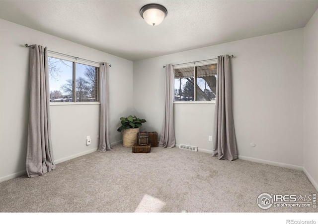 carpeted spare room with a textured ceiling