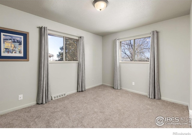 unfurnished room with light colored carpet and a textured ceiling