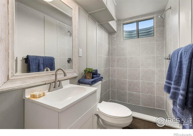 bathroom with vanity, a tile shower, and toilet