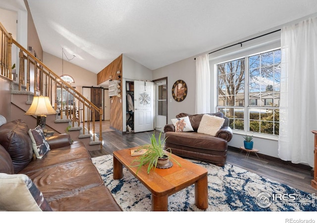 living room featuring dark hardwood / wood-style floors, vaulted ceiling, and a textured ceiling