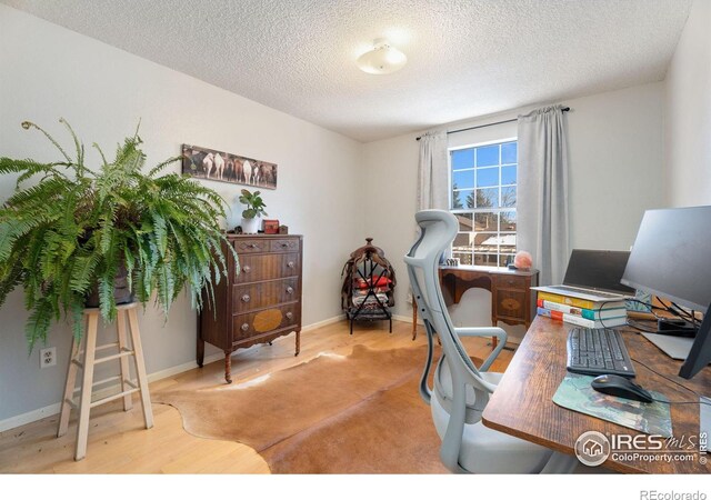 home office featuring hardwood / wood-style floors and a textured ceiling