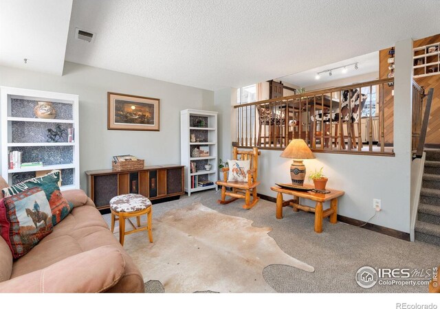 living room featuring track lighting, a textured ceiling, and carpet