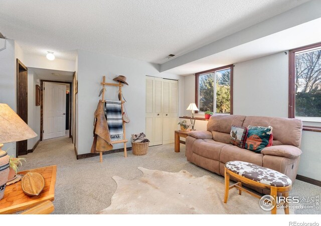 living room featuring plenty of natural light, light colored carpet, and a textured ceiling