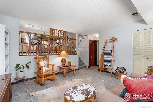 carpeted living room with a textured ceiling