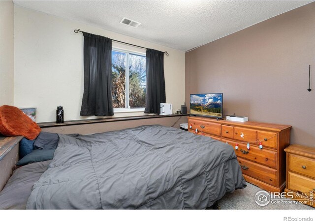 carpeted bedroom with a textured ceiling