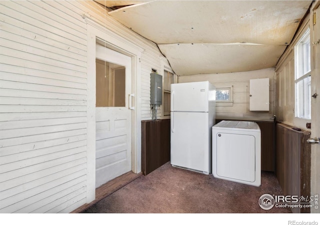 laundry area featuring wooden walls, carpet flooring, washer / dryer, and water heater