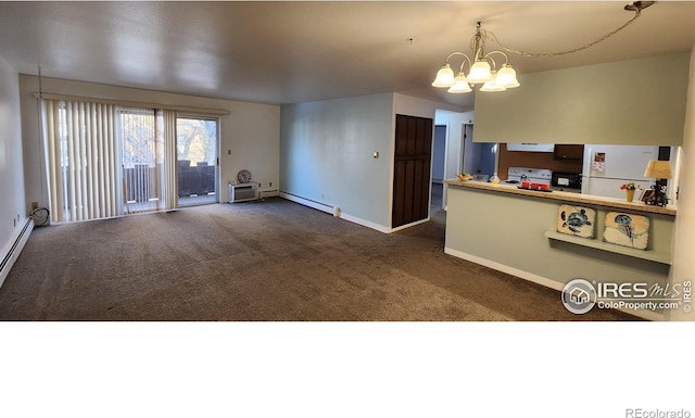 kitchen featuring dark colored carpet, a baseboard heating unit, a chandelier, white appliances, and baseboards