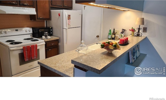 kitchen featuring decorative backsplash, white appliances, under cabinet range hood, and dark brown cabinets