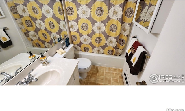 bathroom with toilet, a baseboard radiator, washtub / shower combination, and vanity