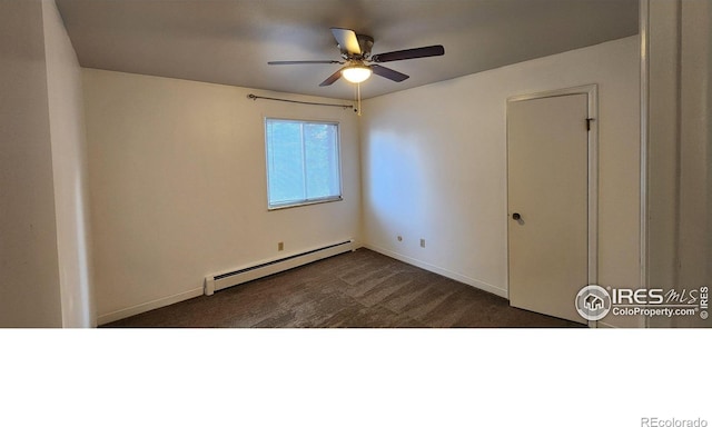 unfurnished bedroom featuring a baseboard heating unit, dark colored carpet, ceiling fan, and baseboards