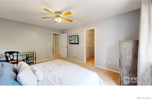 bedroom featuring a spacious closet, light colored carpet, and ceiling fan