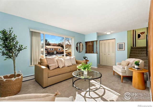 carpeted living room with a baseboard radiator