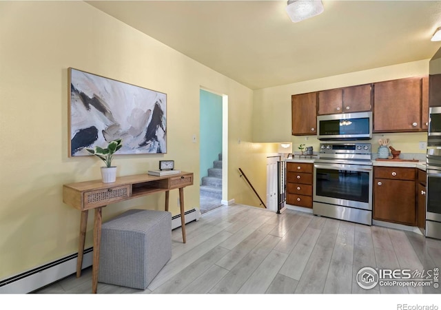 kitchen with stainless steel appliances, light hardwood / wood-style floors, and baseboard heating