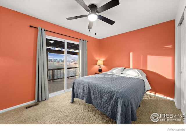 bedroom with ceiling fan, carpet flooring, and access to exterior