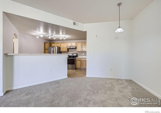 kitchen with light carpet, hanging light fixtures, and stainless steel appliances