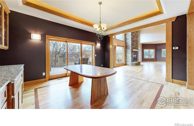 unfurnished dining area with a fireplace, light hardwood / wood-style flooring, a raised ceiling, and a healthy amount of sunlight