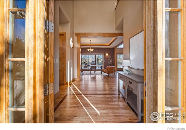 interior space featuring a chandelier, a tray ceiling, wood finished floors, and baseboards