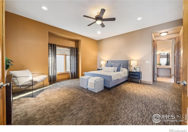 carpeted bedroom with baseboards, a ceiling fan, and recessed lighting