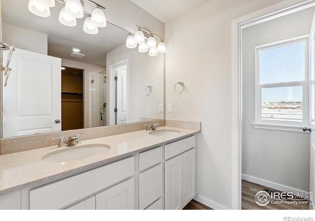 bathroom with vanity, wood-type flooring, and an enclosed shower