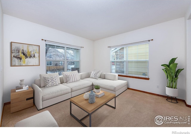 living room featuring light carpet