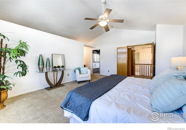 bedroom with vaulted ceiling, carpet flooring, and ceiling fan