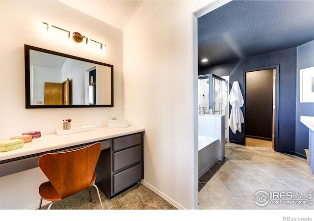 bathroom with vanity, separate shower and tub, and tile patterned flooring