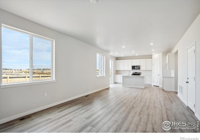 unfurnished living room featuring sink, light hardwood / wood-style flooring, and a wealth of natural light