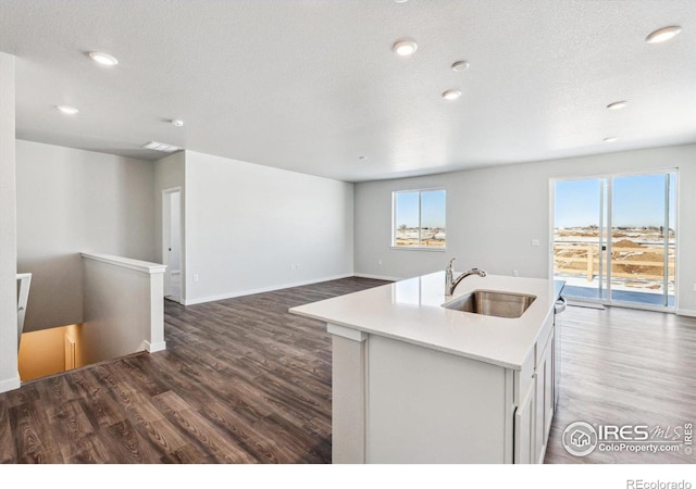 kitchen featuring sink, a center island with sink, a textured ceiling, and dark hardwood / wood-style floors