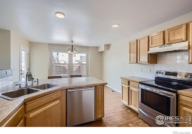 kitchen featuring stainless steel appliances, tasteful backsplash, light wood-style floors, a sink, and under cabinet range hood