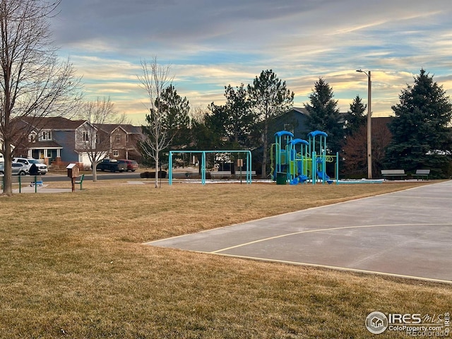 view of jungle gym featuring a yard