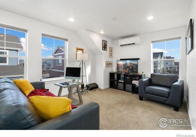 living room with a wall mounted air conditioner and light colored carpet