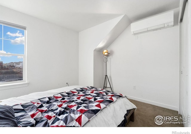 carpeted bedroom featuring a wall mounted air conditioner