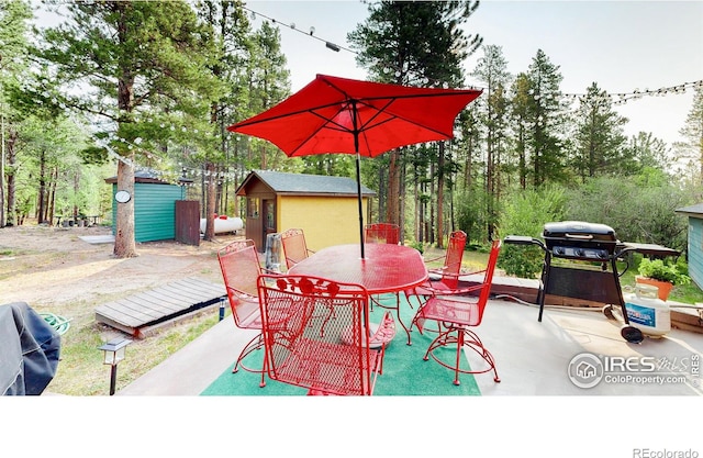 2420 Big Owl Rd, Allenspark, CO 80510 - view of patio with a grill and a storage unit