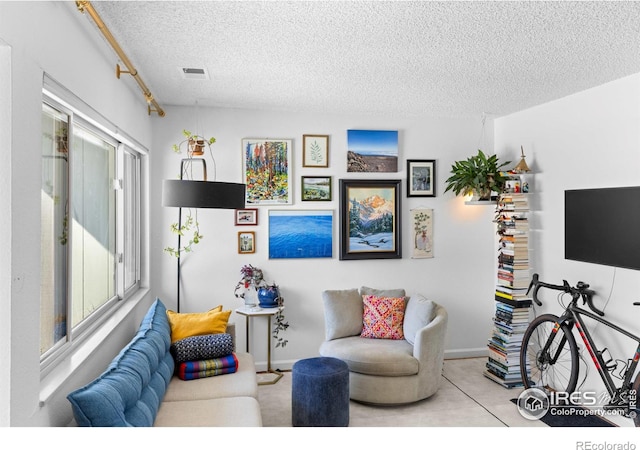 living room with a textured ceiling