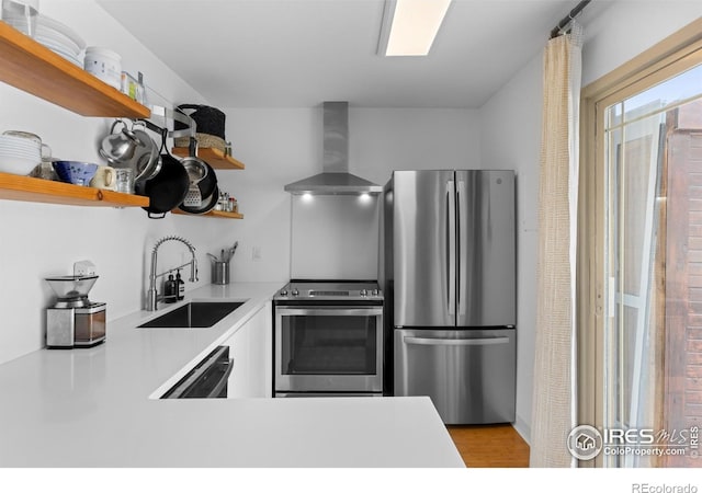 kitchen featuring appliances with stainless steel finishes, sink, wall chimney range hood, and light hardwood / wood-style floors