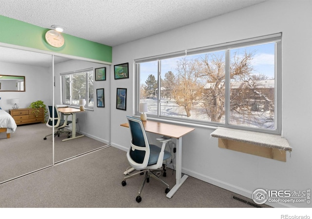 home office featuring plenty of natural light, a textured ceiling, and carpet flooring