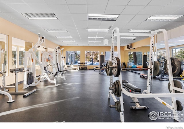 workout area featuring a paneled ceiling