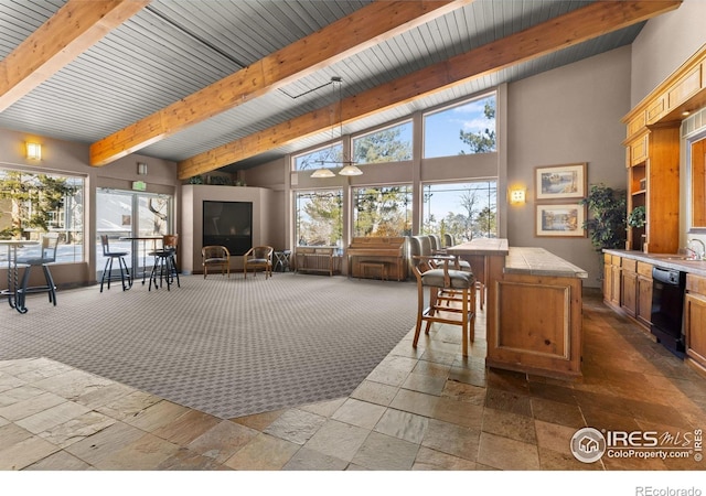 interior space featuring beamed ceiling and high vaulted ceiling