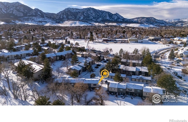 snowy aerial view with a mountain view