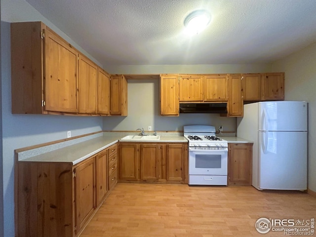 kitchen featuring white appliances, light hardwood / wood-style floors, sink, and a textured ceiling