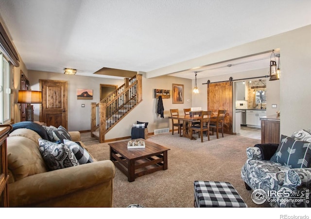 carpeted living room featuring plenty of natural light and a barn door