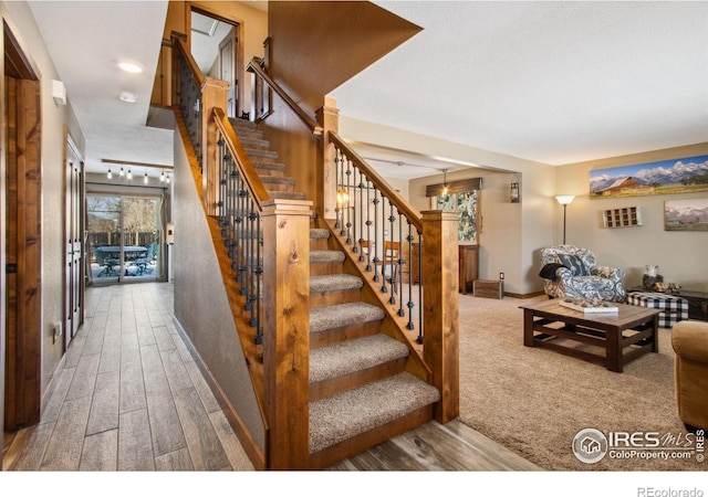 stairway with hardwood / wood-style flooring