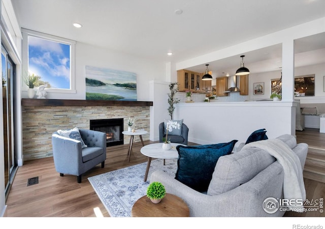 living room featuring a stone fireplace, wood-type flooring, and a wealth of natural light