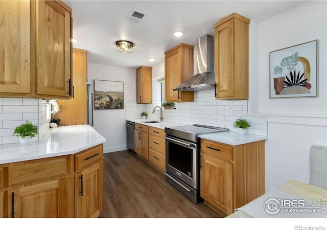 kitchen with sink, dark hardwood / wood-style flooring, decorative backsplash, stainless steel appliances, and wall chimney exhaust hood