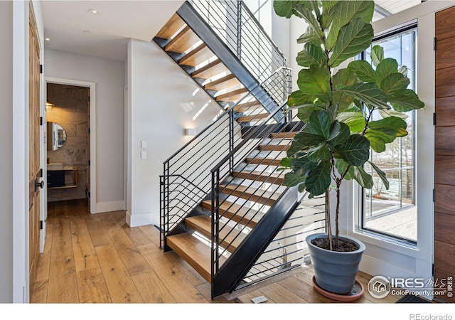 stairs featuring hardwood / wood-style flooring