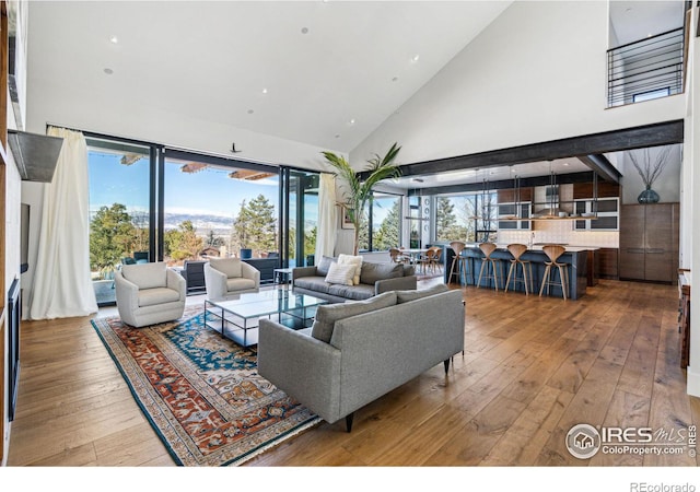 living area featuring high vaulted ceiling, a wealth of natural light, recessed lighting, and hardwood / wood-style flooring