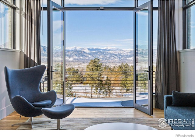 sitting room with a wall of windows, a mountain view, and wood finished floors